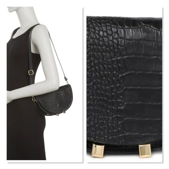 Scui Studios Half Moon Croc Embossed Leather Crossbody Bag in Black - NEW - Picture 2 of 13